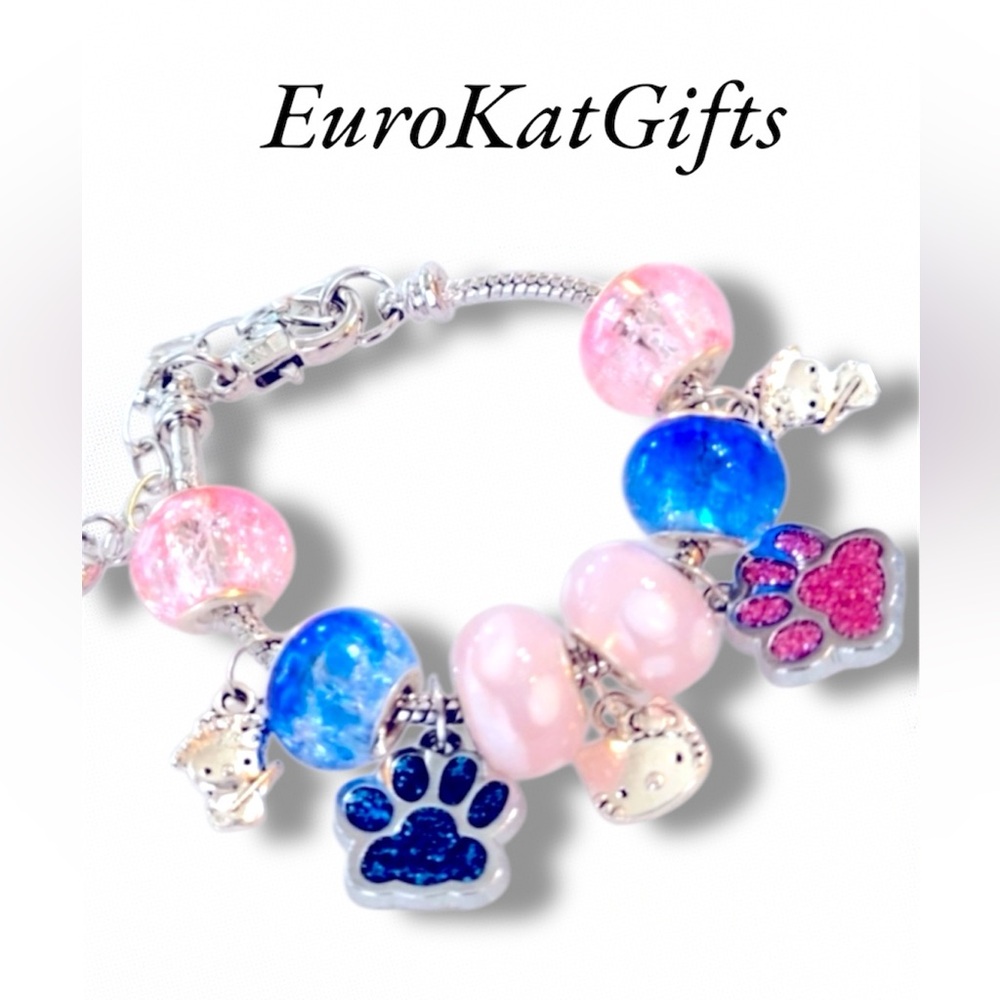Handmade Silver Charm Bracelet Hello Kitty, Paw pink blue crackle beads NEW NWT